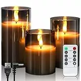 daphomeu Wiederaufladbar LED Kerzen mit Fernbedienung und Timer, Flackernde Elektrische LED Kerzen für Home Decoration Hochzeit Party Halloween Weihnachten 3D Emulation Kerzen, Grau Glas-3 Stück