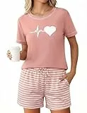 Leversic Damen Schlafanzug Kurz Pyjama Set aus Baumwoll-Mix, Sommer Nachtwäsche Zweiteiler mit Print-Motiv, Kurzarm Shirt und Shorts Loungewear Set für Frauen, 1497-Rosa, XXL
