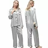Ladieshow Satin Schlafanzüge für Damen, Lang Nachtwäsche Seidig mit Knopfleiste, Seide Langarm Damen Pyjama Set Schlafanzughose und Schlafanzugoberteile (grau, L)