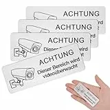 JIZZU 4 Stück Schild Videoüberwachung, 8.5x3 cm Selbstklebend Aluminium Schild Warnschild, Hinweisschild Achtung Videoüberwachung Privatgrundstück, Rostfrei (Silber-Weiß)