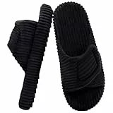 Misolin Hausschuhe Damen With Memory Foam Kordsamt Verstellbarer Klettverschluss Pantoffeln Bequeme Cord offene Zehen Slippers Indoor,Schwarz 275(EU41-42)