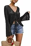 Saodimallsu Damen Tops Flowy Oversized Langarm Frühling Sommer Oberteile V-Ausschnitt Crochet Sexy Pullover Schwarz