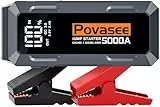 Povasee Starthilfe Powerbank, 5000A Starthilfe (bis zu Alle Benzin/10L Diesel) mit 3 Zoll LCD-Display, Starter Powerbank mit 2 USB-Ausgängen, Starthilfekabel und LED, Jump Starter für 12V Fahrzeuge