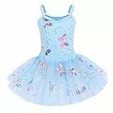 IWEMEK Mädchen Ballettkleid Ärmellos Pailletten Schmetterling Balletttrikot Ballettanzug Tanzkleid Tanzbody Top mit Tütü Rock Ballettrock 2tlg Kinder Ballettkleidung Gymnastik Blau 3-4 Years