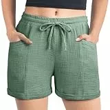 AUYAO Kurze Hose Damen Mädchen, Sommer Erbsengrün Shorts Damen, High Waist Kordelzug Freizeit Sport Shorts, Sportshorts Kurze Sporthose Jogginghose mit Taschen, Running Gym Kurze mit Gummizug(S)