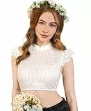DIRNDLSTERN Bluse Damen Weiß - Dirndlbluse Spitze Dirndlblusen Hochgeschlossen Flügelärmel Trachtenblusen Vertikale Streifen Elegant 38