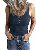 Fessceruna Damen Tops Sexy U-Ausschnitt Tank top Ärmellos Sommer Oberteile Gerippt Camisole mit Knöpfen(Blau, M)