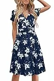 STYLEWORD Damen Sommerkleid Kurzarm V-Ausschnitt Kleider Blumenmuster Kleid Strandkleid Mit Taschen(Floral23,Mittel)