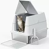 FURTIME Katzenklo Edelstahl mit Deckel, XXL Große Katzentoilette Edelstahl Reinigen und Geruchsresistent, Geschlossene Katzenklo mit Schaufel, Geeignet für große Katzen/mehrere Katzen