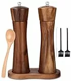 Salz und Pfeffermühle Holz 2er Set, Gewürzmühle mit Keramikmahlwerk, Salz und Pfefferstreuer mit untersetzer, pfeffermühle peugeot, Verstellbarem für Gewürze Pfeffer Salz 2er Set 21.5 cm (Massivholz)