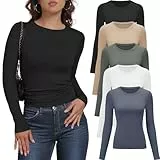 YOIOWVY 5er-Pack Damen Thermik Langarmshirts Schmal geschnitten Stretch Rundhals T-Shirts Atmungsaktive Unterziehshirts für Frauen Berufskleidung Unterhemden