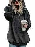 Hoodie Damen Oversize Teddy Pullover Teddyjacke Pulli Teddy Fleece Sweatshirt Kapuzenpullover Fleecejacke Kapuzenpulli Warm Langarm Lose Winter Tops Oberteile Casual mit Tasche (Dunkelgrau, M)
