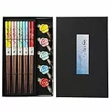 5 Paars Essstäbchen Holz Inklusive Keramik Unterleger, Sushi Essstäbchen Set Pflaumenbusch Chopsticks Mit Geschenkbox Wiederverwendbare Essstäbchen, Asiatisches Besteck luxuriöser Handgemachte
