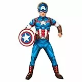 Rubies Captain America Deluxe Kostüm für Jungen und Mädchen, Jumpsuit mit gepolsterter Brust, Stiefelstulpen und Maske, offizielles Marvel-Kostüm für Karneval, Weihnachten, Geburtstag, Party und