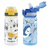 wooshwa Trinkflasche Kinder mit Strohhalm 480ml 2 Stück Auslaufsicher Sport Trinkflaschen Schule Wasserflasche für Jungen Mädchen, mit Tragegriff BPA-frei - Bagger & Hai