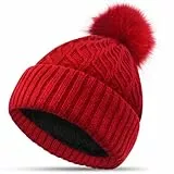 FORVEVO Mütze Damen Winter, Beanie Damen mit Fleece Gefüttert, Warme Wintermütze, Strickmützen mit Bommel für Outdoor Laufen Skifahren (Rot)