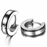 JewelryWe Schmuck Herren Ohrringe, 4MM Breit Einfach Glatt Creolen Ohrstecker, Edelstahl, Schwarz Silber
