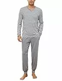 Bresdk Schlafanzug Herren Pyjama Lang Winter V-Kragen Langarm Nachtwäsche für Männer Grau 3XL