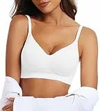 OEAK Nahtloser BH Damen ohne Bügel V-Ausschnitt Zero Feel Bralette Ultrakomfortabler Tshirt BH Soft Schlaf BH Push Up Gepolstert Bügelloser Bustier,Weiß,3XL