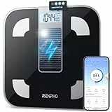 RENPHO Personenwaage Digital, Ohne Batterie, Solarbetriebene Waage, Unbegrenzte Energie, Körperfettwaage mit Smart App, Waage Personen mit 50g Genauigkeit, 180kg, Elis Solar 1
