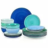 Geschirrset 6 Personen, vancasso BONITA 18 tlg Steingut Geschirr Set 6 Pers, Tafelservice urbaner Stil, Geschirr blau, Schüssel- und Teller Set mit Speiseteller, Dessertteller und Schüsseln