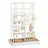 SONGMICS Schmuckständer, Schmuckhalter, Metallrahmen, Schmucktablett Samt, Schmuckaufbewahrung für Halsketten Armbänder Ohrringe Ohrstecker Ringe, Geschenkidee, mattweiß-kamelbraun JJS028W01