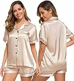 SWOMOG Schlafanzug Damen Kurz Satin mit Knopfleiste V-Ausschnitt Pyjamas Sets Seiden Hausanzug Sommer Nachtwäsche Kurze Butoon Down Hose Set Champagner