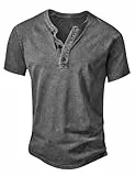 Anelune Herren Henley T-Shirt, Baumwolle, Slim Fit, Kurzarm, leicht & atmungsaktiv, Vintage Distressed Freizeit Tee Grau M