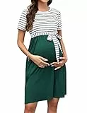 KOJOOIN Damen Umstandskleid Rundhalsausschnitt Gestreiftes Schwangerschaftskleid Kurzarm Casual Umstandstandskleid mit Gürtel Dunkelgrün(Kurzarm) L