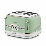 Ariete Vintage 156, 4-Scheiben-Toaster, Retro Toaster mit 6 Toaststufen, Automatischer Auswurf, Auftaufunktion, Herausnehmbares Krümelfach, Gehäuse aus Edelstahl, 1600W, Grün