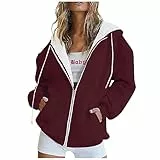 Damen Strickjacke Sommer,Sweatjacke Damen Mit Kapuze,Damen Sweatjacke Hoodie Sweatshirtjacke Pullover Oberteile Kapuzenpullover Einfarbig Full Zip Casual Hoodie Sweatshirt,Rot,L