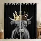 Hochland Rind Fenster Vorhang, Western Tropical Farmhouse Tier Fenster Vorhänge Jungen, Kuh Wildlife Goldene Krone Schwarze Fenster Behandlung Vorhänge für Zimmer, S Größe,Guter Schattierungseffekt