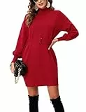KOJOOIN Strickkleid Damen Langarm Rollkragen Pulloverkleid Elegant Pullover Tunika Kleid mit Gürtel Rot XL