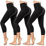 FuelMeFoot Damen 3/4 Leggings Capri 3er Pack High Waist Schwarz Leggins Sommer Blickdicht Yogahose für Sport Gym Lauf. B1-Schwarz/Schwarz/Schwarz L/XL