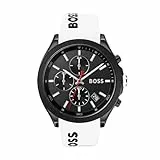 BOSS Herren Chronograph Quarz Uhr 44 mm Velocity Kollektion, mit Schwarzem Texturiertem Zifferblatt, Weißem Silikonarmband, Datumsfunktion, 3 Sub-Dials, Wasserresistenz 5ATM - 1513718