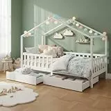 Bellabino Bia Kinderbett 90x200 cm – Hausbett mit Rausfallschutz, Lattenrost & 2 Schubladen – Montessori Kinder Bett aus Massivholz Kiefer – für Jungen und Mädchen mit Stauraum in Weiß