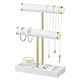 Josmimic Schmuck Organizer mit 2 Ebenen - Weiß Schmuckständer Armbänder, Abnehmbarer T-Steg Schmuck Ständer, Samt-Armbandhalter, Schmuckhalter für Armband, Halskette, Uhren, Ringe