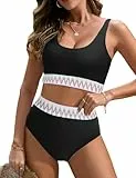 UMIPUBO Bikini Set Damen Bauchweg Push Up Bademode High Waist Bikinis Retro Badeanzug mit Wellenmuster Große Brüste Swimsuit Strandbikini(Schwarz,L)