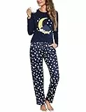 Aseniza Schlafanzug Damen Lang Pyjama Set Baumwolle Langarm Nachtwäsche Loungewear Zweiteiliger Frauen Schlafanzüge Sleepwear für Winter Blau, M