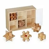 Relaxdays Knobelspiele für Erwachsene & Kinder, 6 Denksport Puzzle, Geduldspiele Holz, mit Box, Holzknobelei, natur, 9,5 x 26,5 x 18,5 cm