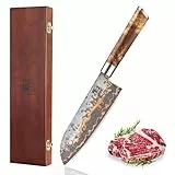 zayiko MysticMagma Santoku Damastmesser 17,5 cm Klinge aus 67 Lagen Damaststahl mit VG10 Kern mit Kupfer und Bronze Einlage mit DualCurve Ahornwurzelholzgriff Profi Küchenmesser in Holzbox