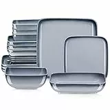 LOVECASA Tafelservice, Serie Vibri, 16-teiliges quadratische Kombiservice aus Steinzeug, Ess Geschirrset für 4 Personen | Speiseteller, Tassen, Dessertteller und Schüsseln, grau