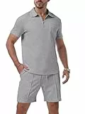 QIXING Herren Trainingsanzug 2 Teiler Herren Sommer Shorts und Tshirt Set mit Half-Zip Polo Hemd Set Kurzarm Zweiteiler Herren Sommer Kurz(Grau, XXL)