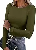 WIHOLL Damen Langarmshirt Leichte Fleece Thermounterwäsche Rundhals Basic T Shirt Herbst Oberteile Damen Slim Fit Thermo Unterhemd Khaki-grün M