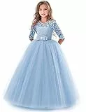 IBTOM CASTLE Blumensmädchenkleid Prinzessin Festliches Herbst Kinder Mädchen Kleid Festzug Kleider Hochzeit Partykleid Blau 5-6 Jahre