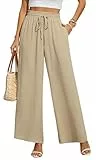 BEIGAI Damen Hosen Weite Lose Gerade Geschnitten Palazzo Hose Hohe Taille Dehnbar Lounge Elegante Hose mit Taschen,Khaki,S