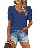 Aokosor T-Shirt Damen Puffärmel V-Ausschnitt Shirt Elegant Blusentop Casual Basic Oberteile Sommer Tops Blau XL