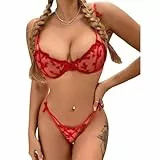 Satohom Dessous Damen Sexy Schleifenstickerei Unterwäsche Set 2 Stück Translucent Netz Halbschalen-BH mit Bügel + String Tanga Push Up Babydoll Teddy Reizwäsche für Frau Erotische Lingerie