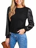 CUPSHE Damen Langarm Tops Strick mit Kunstleder Puffärmel Rundhalsausschnitt Stilvolles Kontrastdesign für Freizeit, Arbeit und Party, Schwarz, M