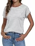 Terecey Basic Slim Fit Top for Damen Rundhalsausschnitt mit Kurzarm Casual Gestreift Tshirt Sommer Bluse Tops Basic Tee Hellgrau L